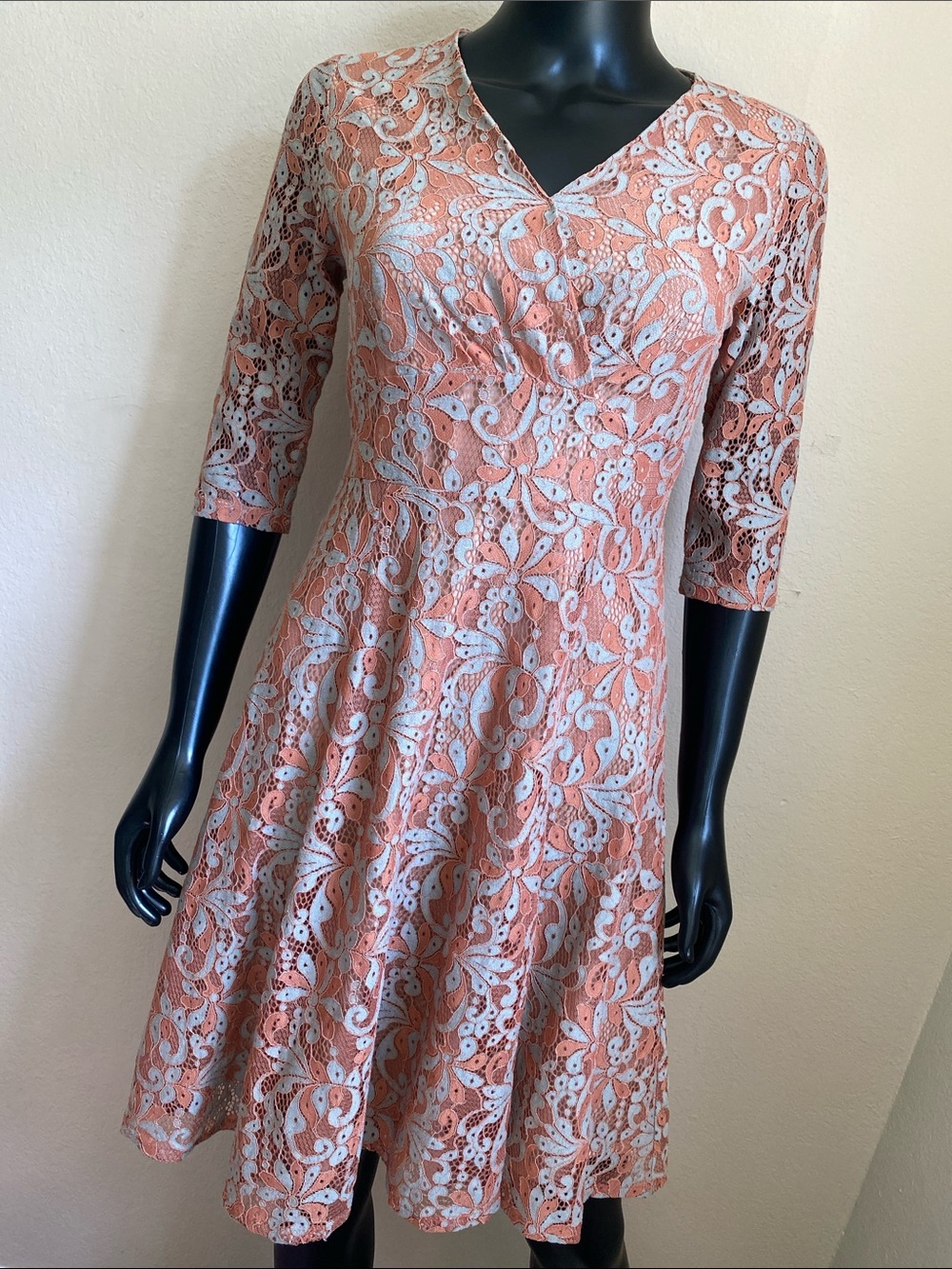 Women's Lace Overlay Fit-and-Flare Dress in Rust Orange and Light Blue